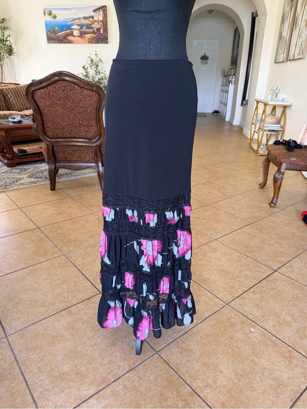 Black Maxi Skirt with Pink Floral lace Tiered Hem